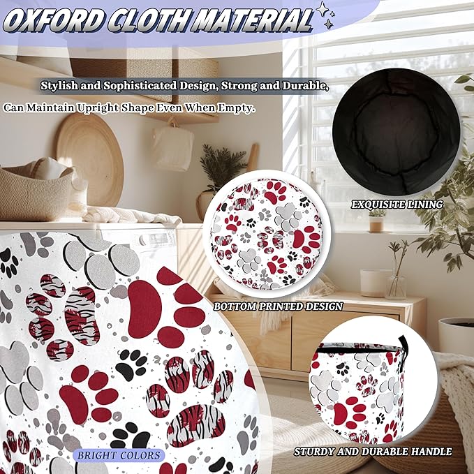 Pink Dog Paw Print Laundry Basket Oxford Cloth Animal Dogs Laundry Hamper With Handle Portable Clothes Storage Basket Foldable Funny Laundry Bag 18.9"x16.5" For Laundry Room/Bedroom/Bathrooms