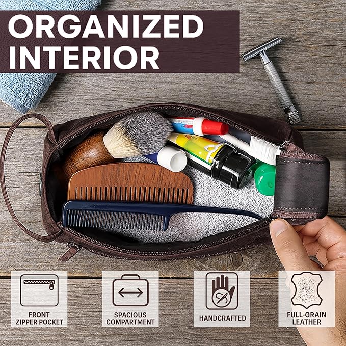Rustic Town Leather Wash Bag for Men - Travel Toiletry Bag - Shaving Dopp Kit Toiletries Organizer - Leather Makeup Bag for Women