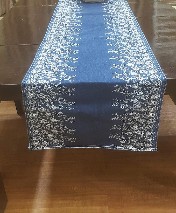 AAYU Denim Table and Bed Runner with White Floral Embroidery on Both Edges | 16 Inch X 108 Premium Quality Perfect for Wedding, Parties, Daily Décor