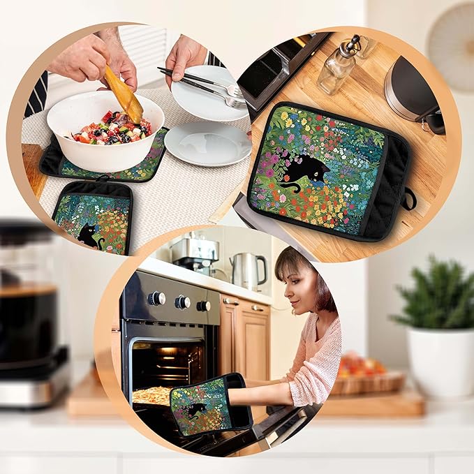 Abstract Wildflower Black Cat Pot Holders with Pockets, Cottagecore Kitchen Decor, Whimsical Floral Cat Oven Pot Holders Heat Resistant Oven Mitts Hot Pads for Kitchen Baking Cooking