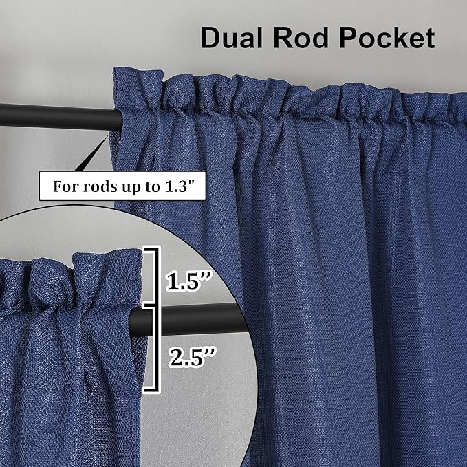 Lecloud Bessie Blue Kitchen Curtains 24 Inch Length 2 Panels, Light Filtering Faux Linen Cafe Short Curtains, Tiers Curtain with Dual Rod Pocket for Laundry Room Bathroom, Each 30 W x 24 L