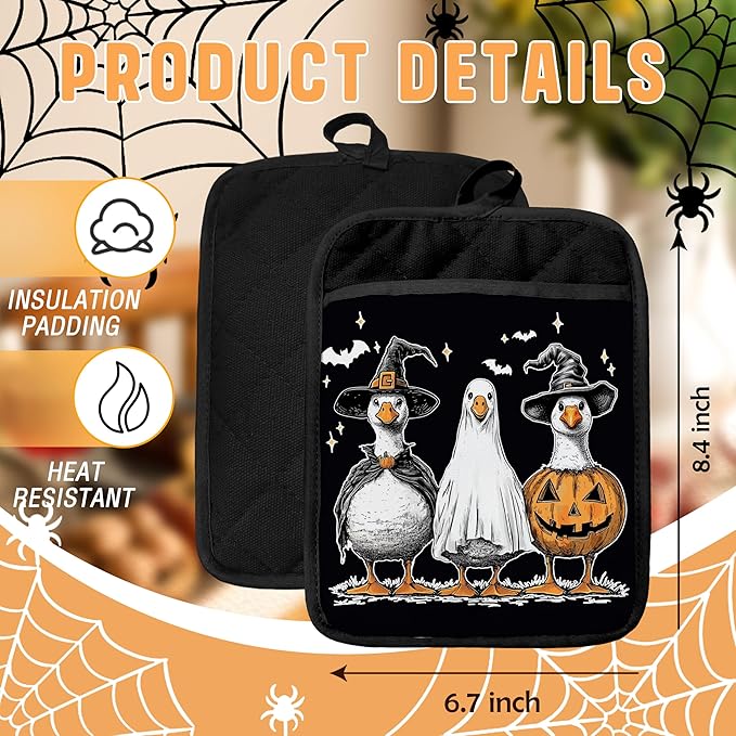 Halloween Witchy Goose Pot Holders with Pockets, Vintage Pumpkin Ghost Funny Goose Halloween Oven Pot Holders Heat Resistant Oven Mitts Hot Pads for Kitchen Baking Cooking