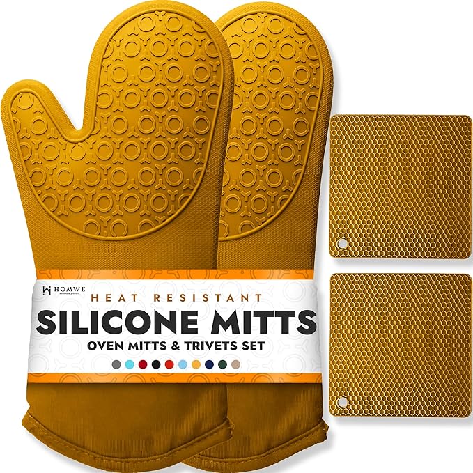 HOMWE Silicone Oven Mitts and Pot Holders, 4-Piece Set, Heavy Duty Cooking Gloves, Kitchen Counter Safe Trivet Mats, Advanced Heat Resistance, Non-Slip Textured Grip (Yellow)