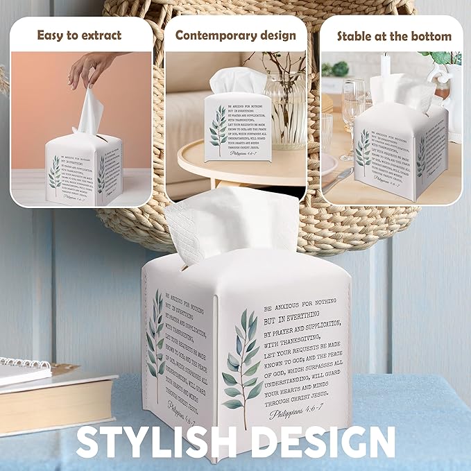 Christian Decorative Tissue Box Cover Square, Facial Paper Organizer, Bible Verse Inspirational Gift Ideas for Friends, Be Anxious for Nothing, Bathroom Office Decor-(5.2 Inches)