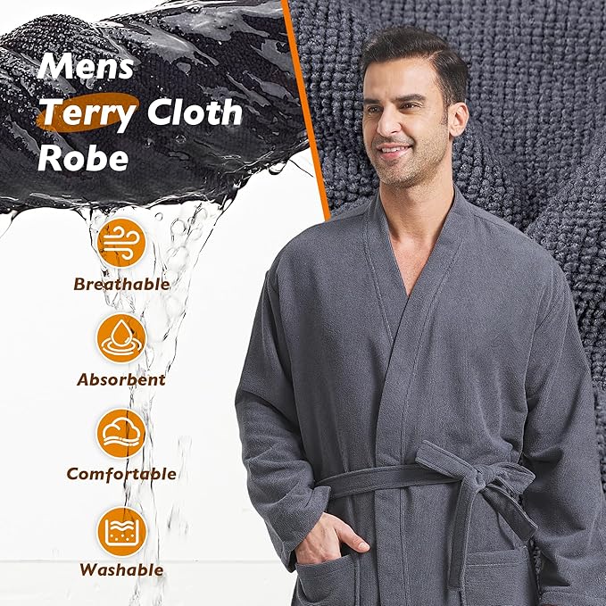 FashGudim Terry Cloth Robes for Men Big and Tall Short Mens Kimono Robe Super Absorbent Spa Bathrobe Calf Length With Pockets