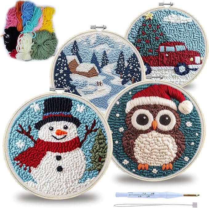 QBQBQ 4 Sets Punch Needle Kit for Beginners Adults, DIY Embroidery Kit with Printed Pattern, Bamboo Hoop, Complete Supplies for Relaxing Craft, Home Wall Art Decor