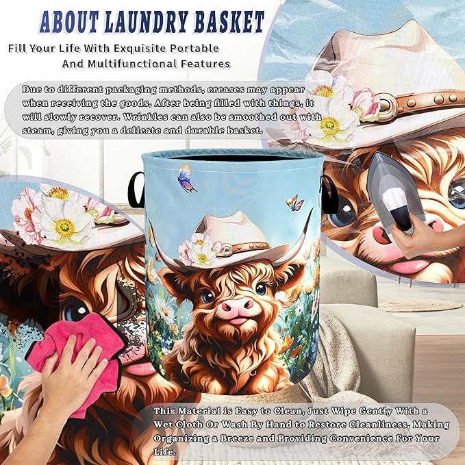 Cute Highland Cattle Laundry Hamper Foldable Oxford Cloth Animal Floral Cows Laundry Basket With Handle Portable Clothes Storage Basket Laundry Bag 18.9"x16.5" For Laundry Room/Bedroom/Bathrooms