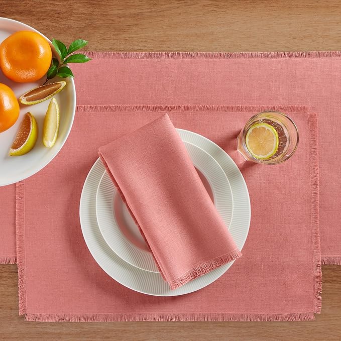 Solino Home Dusty Rose Linen Napkins Set of 4-100% Pure Linen Fringe Dinner Napkins 20 x 20 Inch for Valentines, Spring, Easter