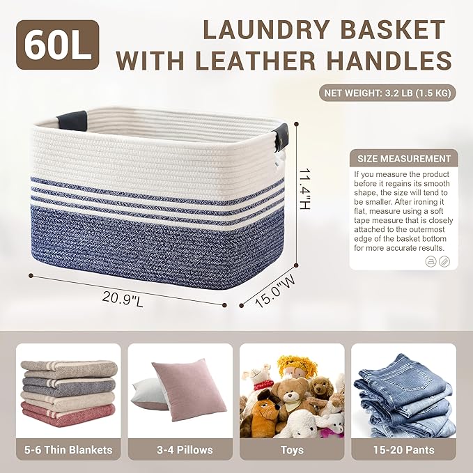 SunNewt 60L Large Laundry Basket with Leather Handles for Living Room Storage, Woven Rope Baskets Bin for Blanket, Kids Toy, Gifts, Wicker Hamper for Bedroom Dirty Clothes, 21"x15"x11" Denim Blue