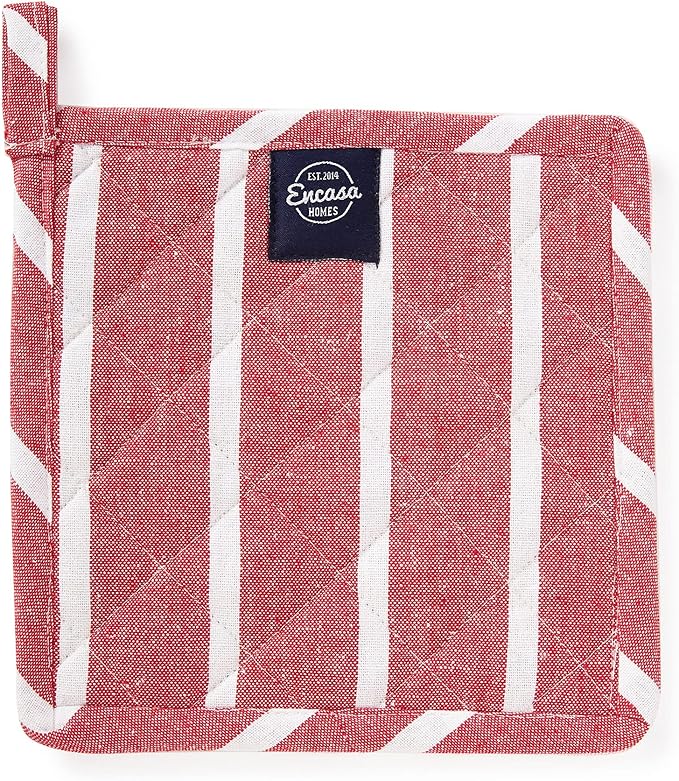 Encasa XO 8 inches Oven Microwave Potholders (2 pc Set) for Kitchen Cooking & Baking - Heat Resistant, Thick & Safe, Protection of Hands from Hot Utensils - Roma Red Stripes