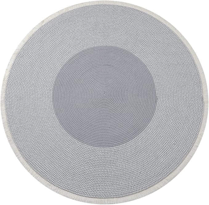 Handwoven 4ft Round Cotton Rope Rug with Tassel Trim – Washable Boho Braided Circle Rug for Living Room, Bedroom, Nursery – Soft Gray, Durable & Natural