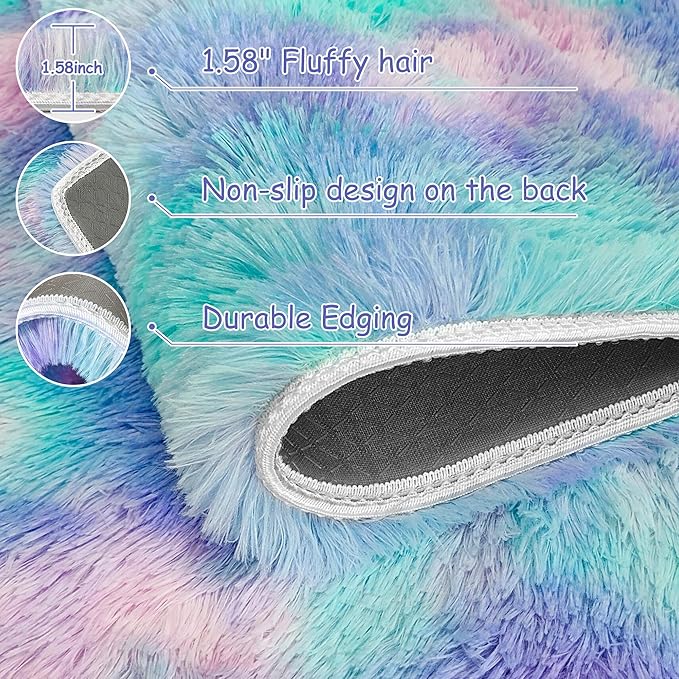 4x6ft Tie-Dyed Purple Rainbow Carpet Soft Area Rugs for Girls Room, Fluffy Colorful Rug Cute Floor Carpets Shaggy Playing Mat for Kids Baby Girls Bedroom Nursery Home Decor