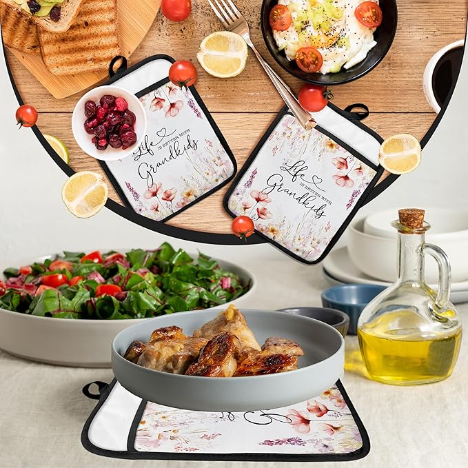 Grandma Gifts from Grandkids Pot Holders with Pockets, Gifts for Grandma Grandmother Kitchen Accessories Sets, Life Better with Grandkids Heat Resistant Oven Glove Potholders for Kitchen