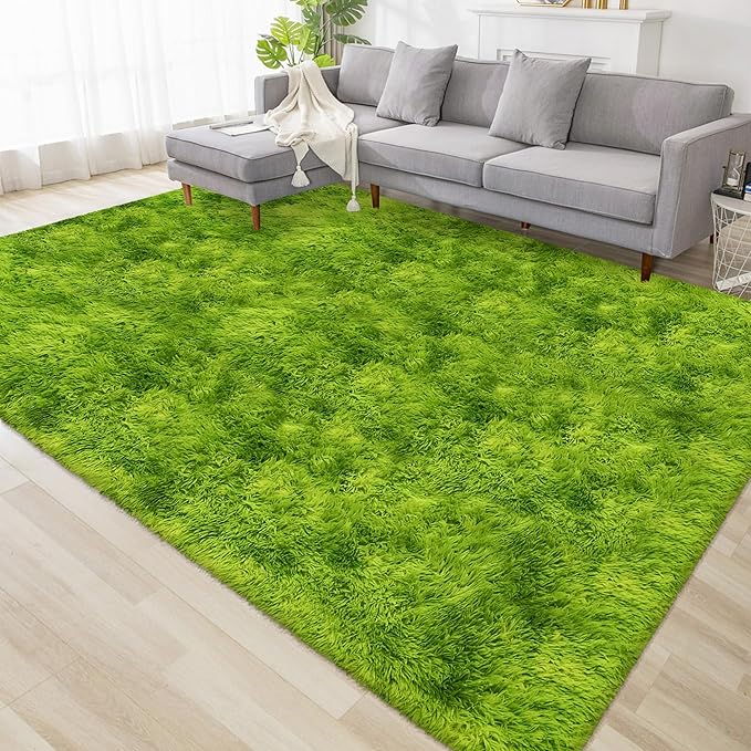 Tie Dyed Grass Green Shag Rug 6x9 Green Fluffy Area Rug Soft Plush Fuzzy Carpet for Living Room Bedroom Dorm Nursery Furry Indoor Floor Rug for Kids Girls Boys Home Decor Aesthetic