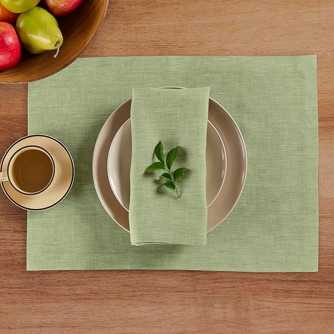 Solino Home Linen Cloth Napkins Set of 4-100% Pure Linen Chambray Olive Dinner Napkins 20 x 20 Inch for Spring, St Patricks Day - Athena, Handcrafted and Machine Washable