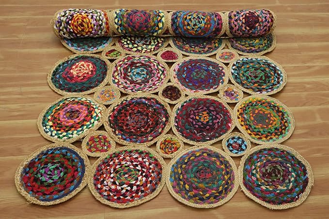 Scalloped Edge Rug, Hand Woven Natural Chindi Cotton and Jute Area Rug, 8x11 Ft Beige & Multicolor Braided Kilim Rugs for Living Room, Kitchen, Entryway, Farmhouse