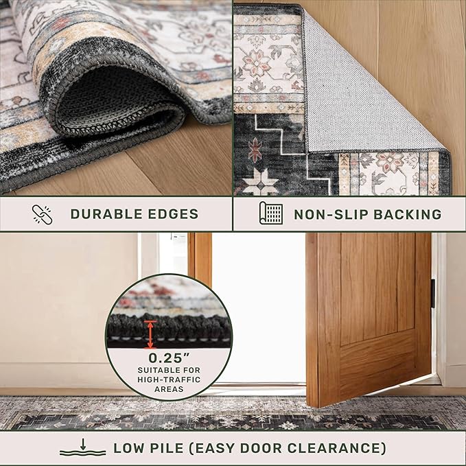 Black Boho Washable 2x10 Hallway Runner Rug - Extra Long Runners for Kitchen, Bathroom, Stair, Non-Slip Floor Carpet Rugs for Large Entryway Indoor, Vintage Multi Ashen Floral Decor
