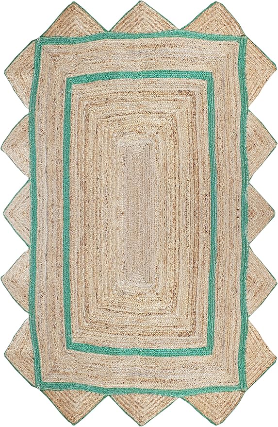 Scalloped Edge Rug, Hand Woven Natural Jute Area Rug, 8x11 Ft Beige & Green Braided Sisal Kilim Rugs for Living Room, Kitchen, Entryway, Farmhouse