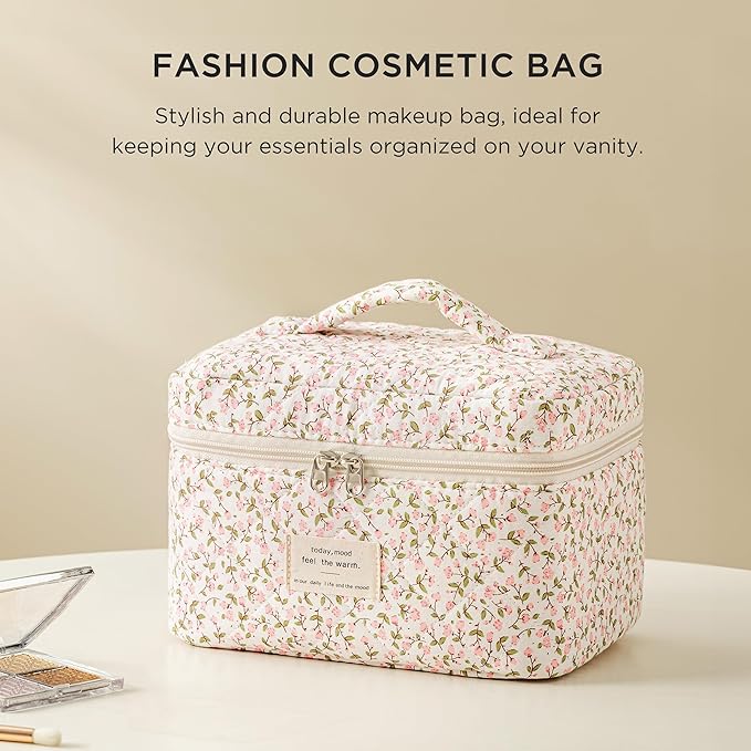 HBselect Christmas Gifts Large Quilted Makeup Bag, Cute Cotton Travel Makeup Bag with Handle, Portable Coquette Floral Make up Bags, Toiletry Organizer Make up Bags for Women Teen Girls Mom