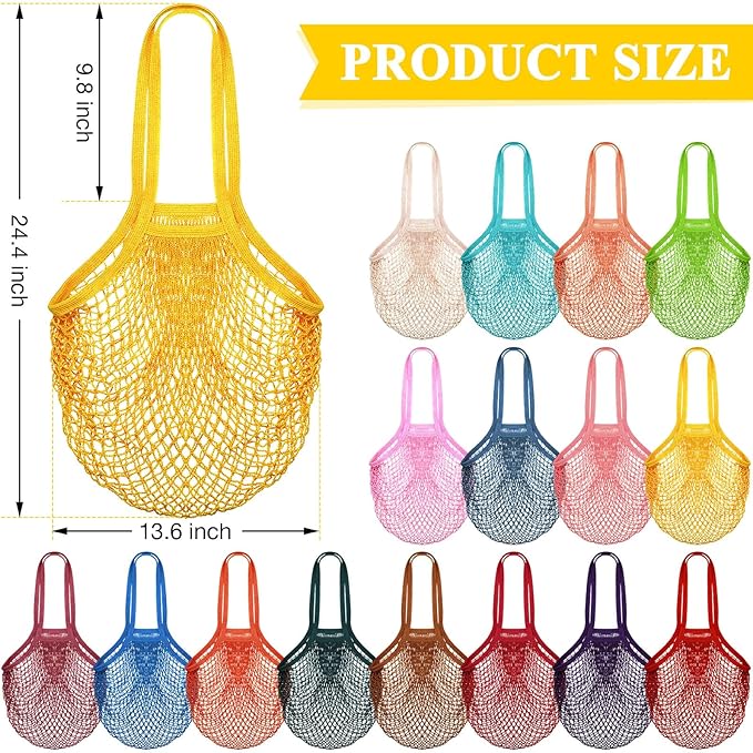 Shappy 16 Pcs Reusable Grocery Bags Mesh Produce Bags Washable Cotton Mesh Tote with Handles for Fruit Vegetable Shopping Storage Market(Multicolor)