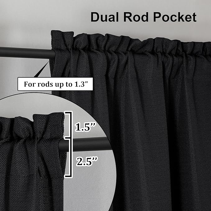 Lecloud Bessie Black Curtains 63 Inch Length 2 Panels, Light Filtering Breathable Faux Linen Curtain Panels, Dual Rod Pocket Curtains for Bedroom Living Room, Each 40 W x 63 L