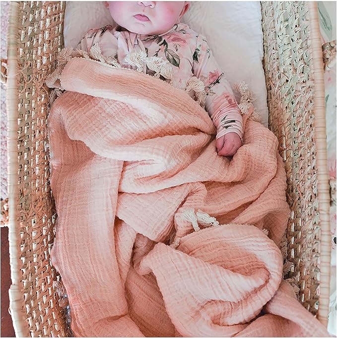 Crane Baby Muslin Swaddle Blanket, Soft Cotton Lightweight Nursery and Stroller Blanket for Baby Boys & Girls, Desert Rose, 30" x 40"