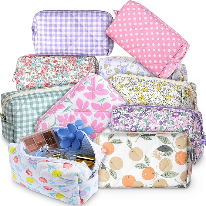 Paterr 10 Pcs Quilted Makeup Bag Bulk Cotton Floral Cosmetic Bag Women Girls Bridesmaid Gifts Cute Makeup Pouch Coquette Aesthetic Travel Toiletry Organizer(Gingham Floral,7.87 x 4.72 x 3.15 Inches)