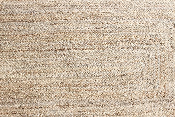 Scalloped Edge Rug, Hand Woven Natural Jute Area Rug, 7x7 Ft Square Beige & Pink Braided Kilim Rugs for Living Room, Kitchen, Entryway, Farmhouse