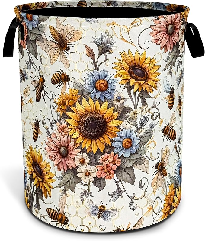 NUTAINLA Bee Sunflower Laundry Basket Flower Foldable Oxford Cloth Funny Tote Bag Laundry Hamper Clothes Storage Bucket Toy Organizer For Bathroom/Laundry Storage/Bedroom 18.9x16.5 Inch