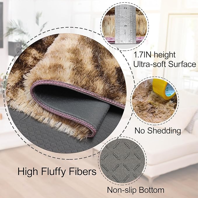 2x8 ft Plush Brown Tie Dye Rug Runner High Pile Fluffy Soft Bedside Rug Fuzzy shag Carpet for Bedroom Living Room Hallway Nursery Kids Home Decor Furry Carpet