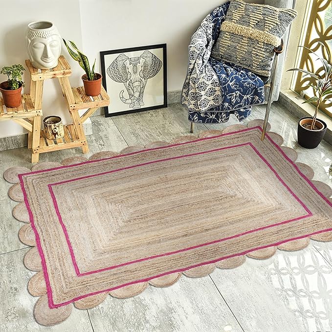 Scalloped Jute Rug, Hand Woven Runner Area Rug, 6x12 Ft Beige & Pink Braided Natural Sisal Kilim Rugs for Living Room, Kitchen, Entryway, Farmhouse
