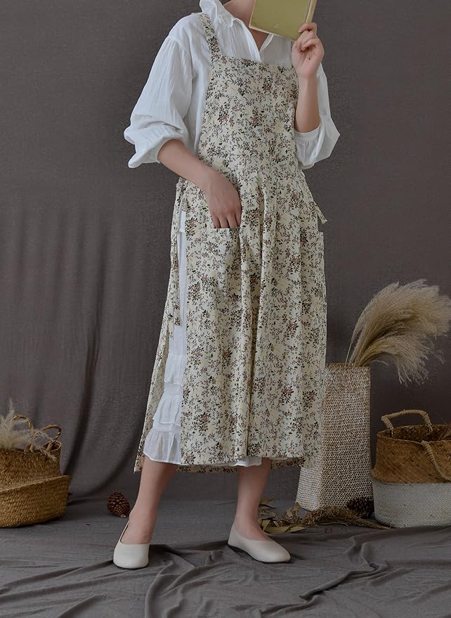 Japanese apron Women-Cross Back Apron for Women with Pockets, Pinafore Aprons, Womens Cotton Linen Apron