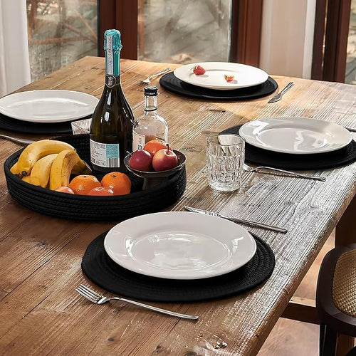 Art PineCone's Woven Cotton Rope Round Placemats Set of 4 with Holder Included, Non-Slip, and Heat Resistant Shabby Chic Placemats (Black, 13 inch Plus Coaster)