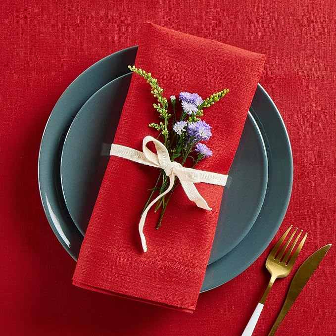 Solino Home Red Linen Napkins Set of 4-100% Pure Linen Cloth Washable Dinner Napkins 20 x 20 Inch for Valentines, Winter - Fete