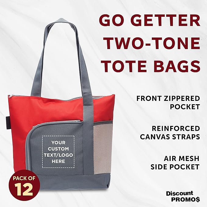 DISCOUNT PROMOS Custom Go Getter Sport Tote Beach Bags Set of 12, Personalized Bulk Pack - Reusable, Great for Shopping, Beach, Picnic, Other Outdoor Adventure - Red
