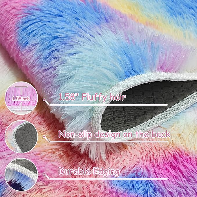 Large Hot Pink Rainbow Area Rug for Kids Room 8x10 Ft, Soft Plush Fluffy Princess Unicorn Rugs for Girls Bedroom, Cute Shaggy Colorful Carpet for Kids Teens Nursery Toddler Decor Aesthetic