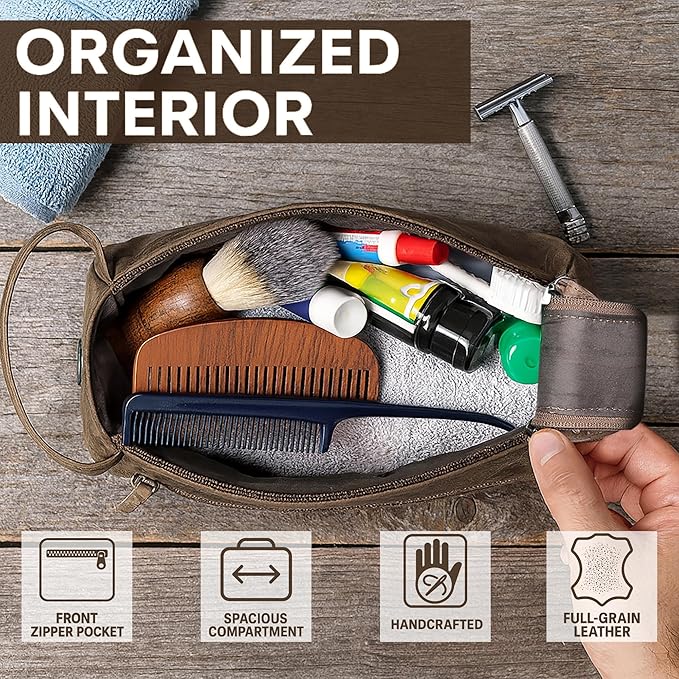 Rustic Town Leather Wash Bag for Men - Travel Toiletry Bag - Shaving Dopp Kit Toiletries Organizer - Leather Makeup Bag for Women