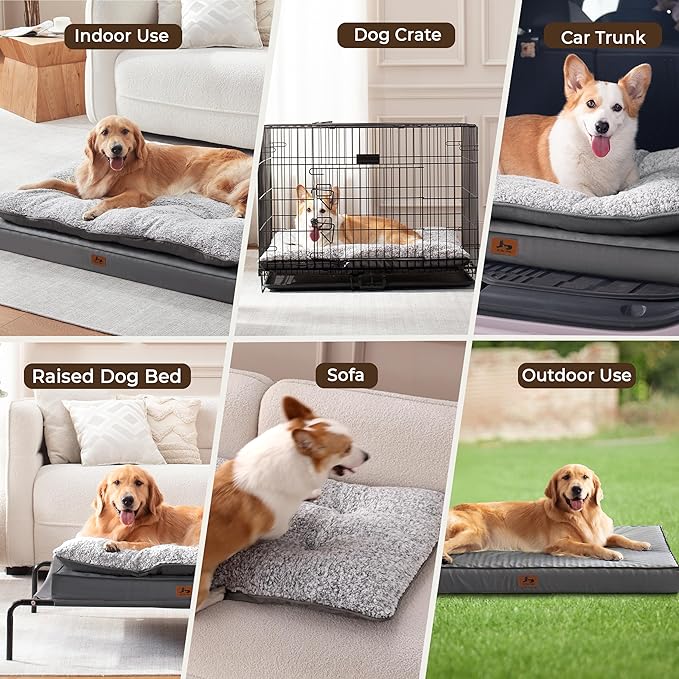 Warmrest 2-Pack Waterproof Dog Bed Large Size Dogs, Plush Cushion & Orthopedic Egg-Crate Foam Mattress for Senior Dogs, Washable Dog Crate Bed with Removable Cover, Dark Grey