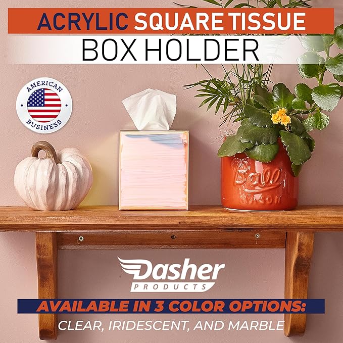 Acrylic Tissue Box Holder, Clear Dispenser for Facial Tissues, Napkins, and Dryer Sheets. Perfect for Bathrooms, Desks, Countertops, Vanities, Bedrooms, and Nightstands (Square, Iridescent)