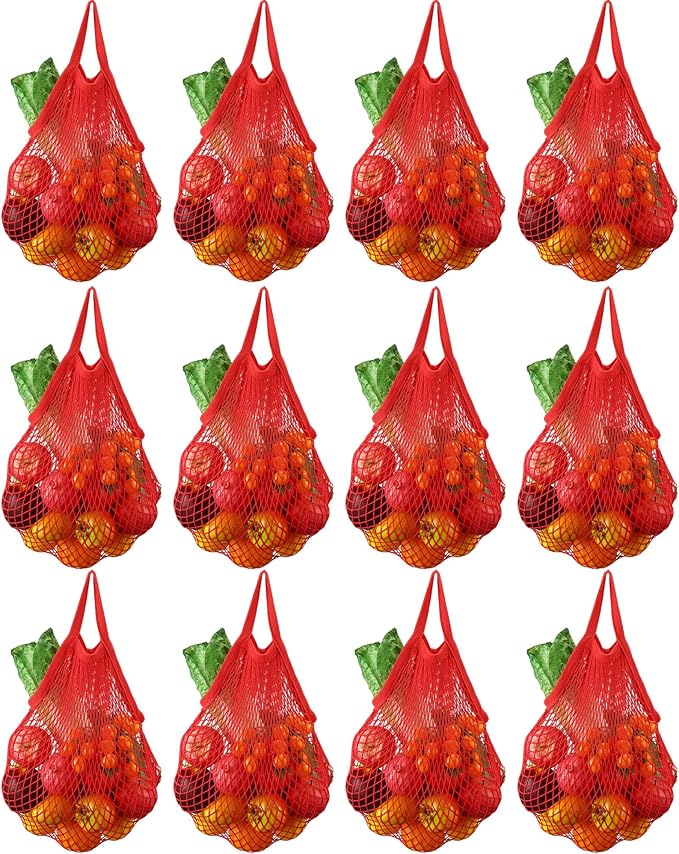 Eccliy 12 Pcs Reusable Mesh Grocery Bags Portable Cotton Produce Containers Washable Net Mesh Tote Bag Handle String Shopping(Red)
