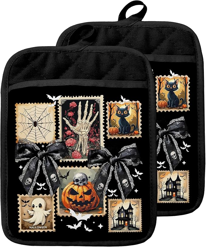 Dark Coquette Bow Halloween Pot Holders with Pockets, Spooky Skeleton Black Cat Pumpkin Ghost Halloween Oven Pot Holders Heat Resistant Oven Mitts Hot Pads for Kitchen Baking Cooking