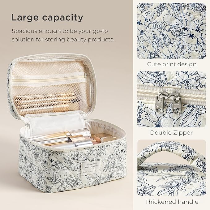 HBselect Christmas Gifts Large Quilted Makeup Bag, Cute Cotton Travel Makeup Bag with Handle, Portable Coquette Floral Make up Bags, Toiletry Organizer Make up Bags for Women Teen Girls Mom