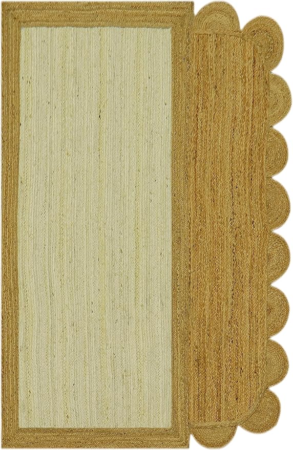 Scalloped Edge Rug, Hand Woven Natural Jute Area Rug, 5x5 Ft Square Beige & Brown Braided Kilim Rugs for Living Room, Kitchen, Entryway, Farmhouse