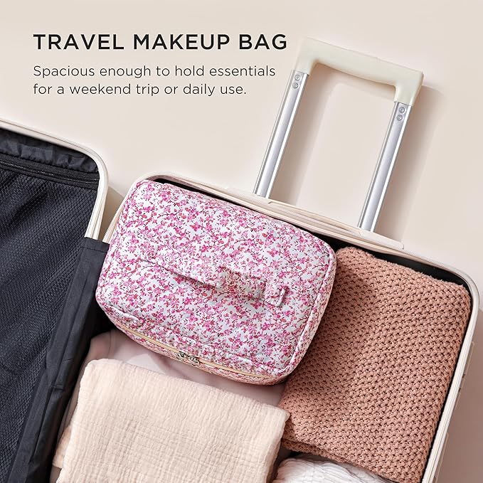 HBselect Christmas Gifts Large Quilted Makeup Bag, Cute Cotton Travel Makeup Bag with Handle, Portable Coquette Floral Make up Bags, Toiletry Organizer Make up Bags for Women Teen Girls Mom