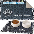 Drymate Personalized Pet Bowl Placemat, Custom Dog & Cat Food Feeding Mat - Absorbent Fabric, Waterproof Backing - Machine Washable/Durable (USA Made) (12" x 20") (Leopard Black)