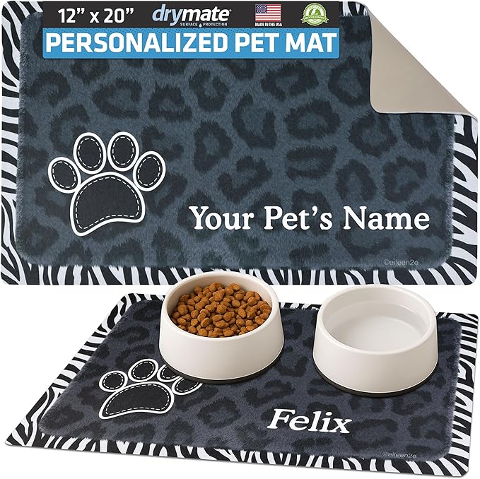 Drymate Personalized Pet Bowl Placemat, Custom Dog & Cat Food Feeding Mat - Absorbent Fabric, Waterproof Backing - Machine Washable/Durable (USA Made) (12" x 20") (Leopard Black)