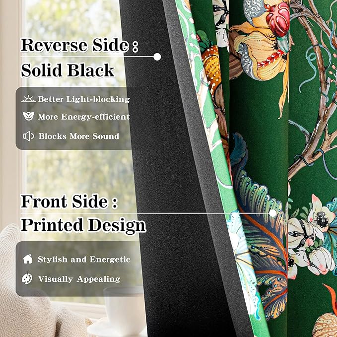 MYSKY HOME Floral Blackout Curtains 95 Inch Length Black Out Thermal Insulated Privacy Protect Vintage French Country Botanical Flower Printed Grommet for Living Room Dining Room, Pack-2, 52", Green