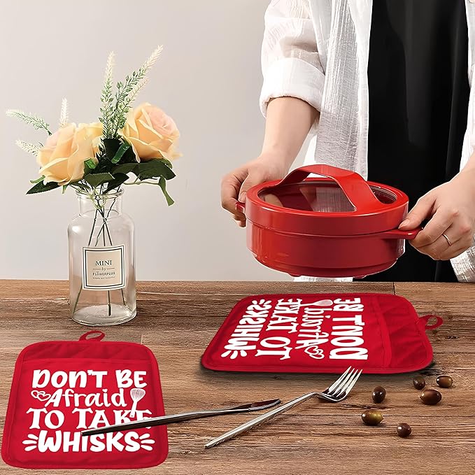 Funny Christmas Baking Pot Holders with Pockets, Don't Afraid to Take Whisks Holiday Christmas Oven Pot Holders Heat Resistant Oven Mitts Hot Pads for Kitchen Baking Cooking
