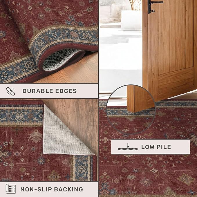 Washable 3x6 Entry Way Rugs Indoor - Burgundy Large Kitchen Rug, Non Slip Unique Bohemian Red Low Pile Thin Carpet for Bedroom Bedside, Foyer