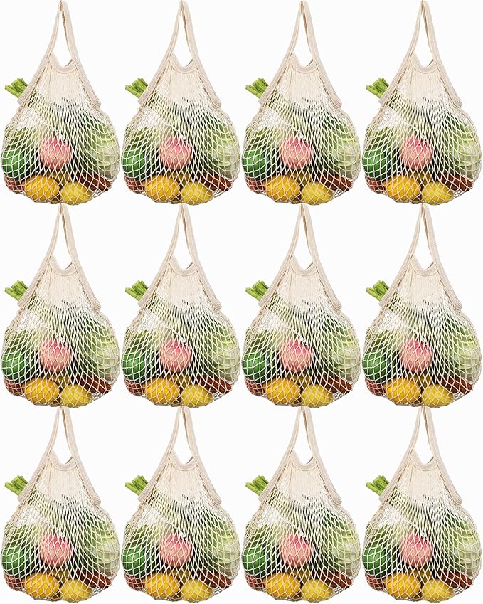 Eccliy 12 Pcs Reusable Mesh Grocery Bags Portable Cotton Produce Containers Washable Net Mesh Tote Bag Handle String Shopping(Beige)